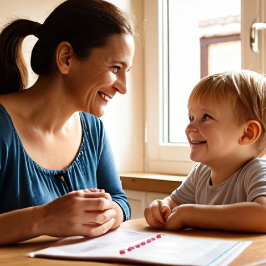 **Prompt:** A warm, inviting kitchen scene. A mother and child are sitting at a table, both smiling. The mother is actively listening to the child, leaning in with genuine interest. Soft, natural light filters through the window. In the background, a family calendar hangs on the wall, marked with shared activities. The overall feeling is one of connection and open communication.
