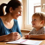 **Prompt:** A warm, inviting kitchen scene. A mother and child are sitting at a table, both smiling. The mother is actively listening to the child, leaning in with genuine interest. Soft, natural light filters through the window. In the background, a family calendar hangs on the wall, marked with shared activities. The overall feeling is one of connection and open communication.