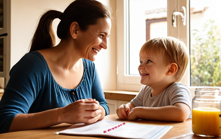 **Prompt:** A warm, inviting kitchen scene. A mother and child are sitting at a table, both smiling. The mother is actively listening to the child, leaning in with genuine interest. Soft, natural light filters through the window. In the background, a family calendar hangs on the wall, marked with shared activities. The overall feeling is one of connection and open communication.