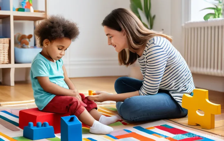 아동심리상담사의 필요 역량 - **Empathetic Connection in a Playroom:** A warm, inviting child therapy room with soft, natural ligh...