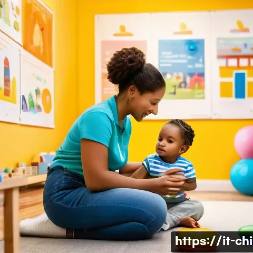 아동심리상담사로 성장하기 위한 팁 - A compassionate child psychologist in a bright, warmly lit therapy room with colorful educational po...