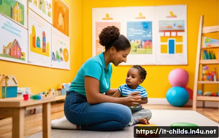 아동심리상담사로 성장하기 위한 팁 - A compassionate child psychologist in a bright, warmly lit therapy room with colorful educational po...