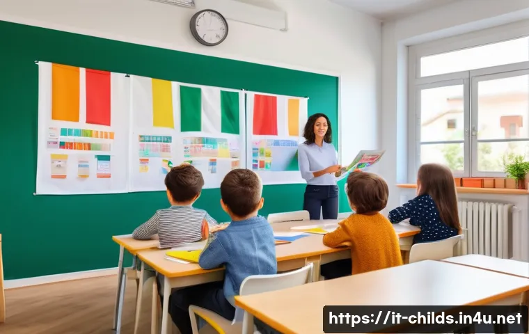 아동심리상담사로 재취업하기 - A professional child psychologist conducting a workshop in a bright, modern classroom in Italy, surr...