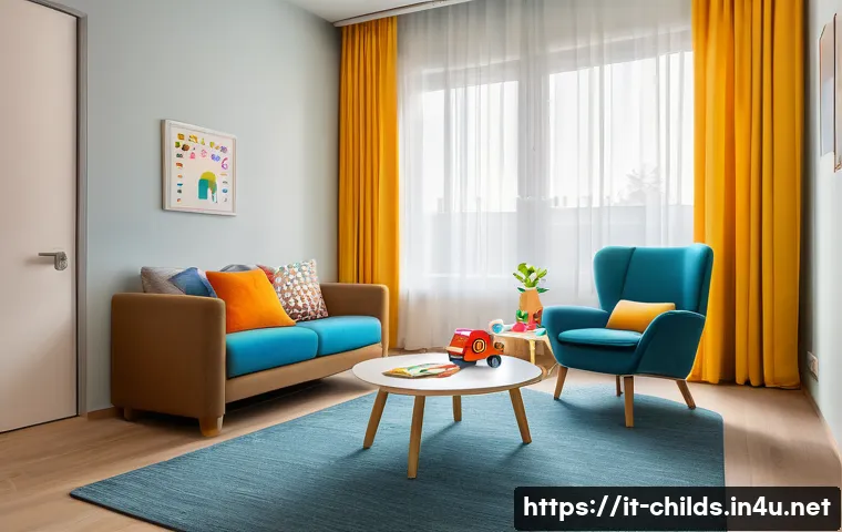 아동심리상담사 자격증 학습 자료 - A warm and inviting therapy room designed for child psychology sessions in Italy, featuring colorful...