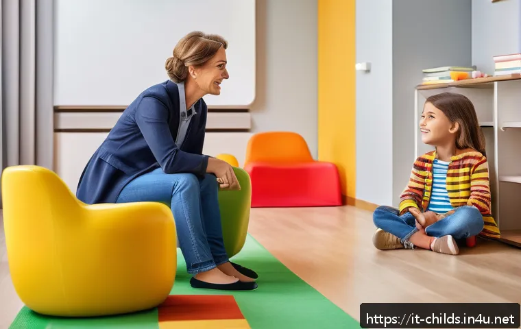 아동심리상담사 취업 성공기 - A professional Italian child psychologist in a modern clinic setting, wearing smart casual attire, a...