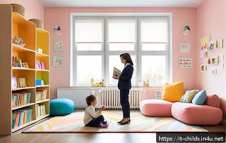 아동심리상담사 직업 리스크 관리 - A warm, inviting child therapy room designed for psychological counseling, featuring bright natural ...