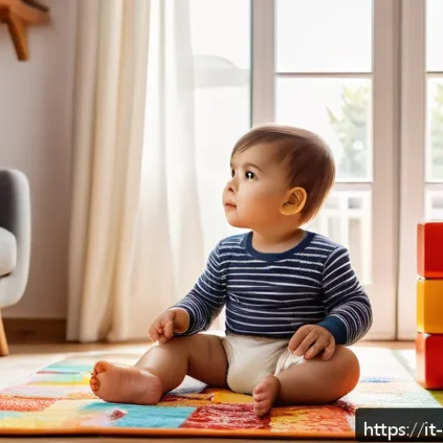Home 17 아동심리학에서 발달심리학의 중요성 - A detailed, warm illustration of a young Italian toddler wearing a diaper, sitting on a colorful pla...