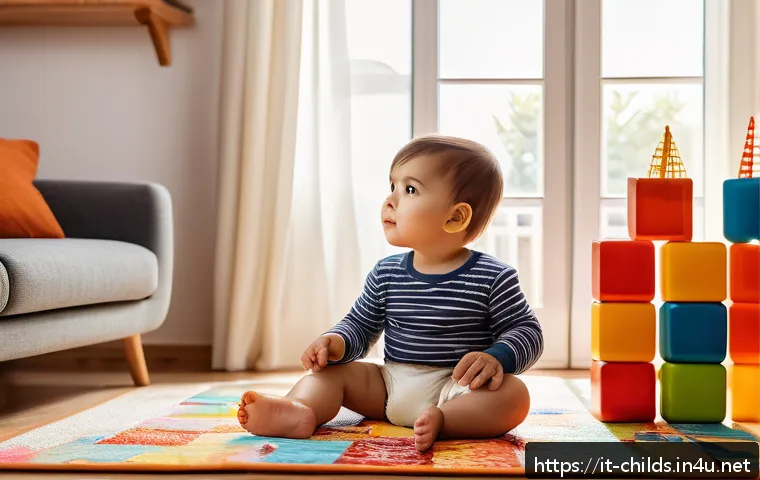 아동심리학에서 발달심리학의 중요성 - A detailed, warm illustration of a young Italian toddler wearing a diaper, sitting on a colorful pla...